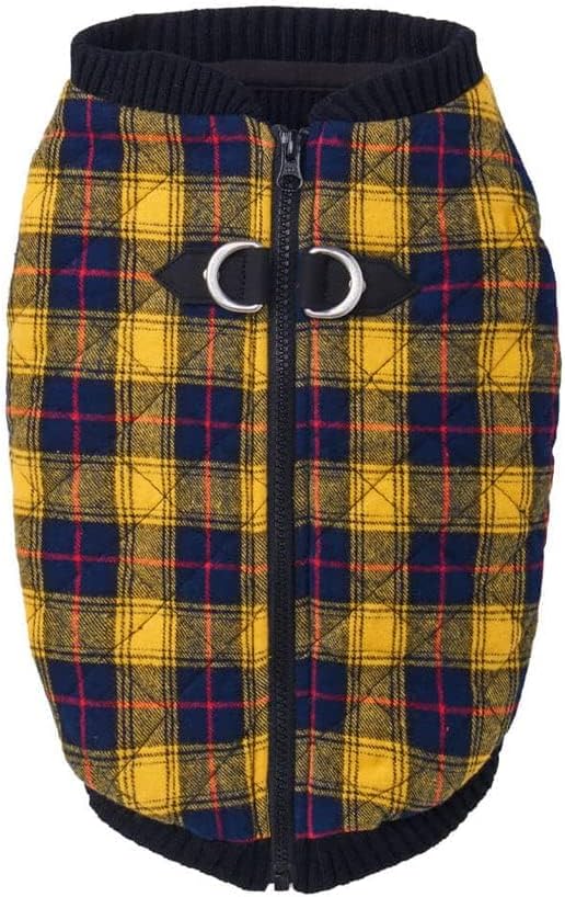 Gooby Fashion Vest Check Dog Jacket - Yellow Check, Large - Warm Zip Up Bomber Vest Dual D Ring Leash - Winter Water Resistant Sweater - Clothes for Small or Medium Dogs