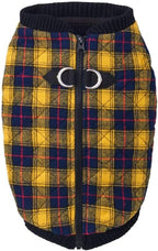 Gooby Fashion Vest Check Dog Jacket - Yellow Check, Large - Warm Zip Up Bomber Vest Dual D Ring Leash - Winter Water Resistant Sweater - Clothes for Small or Medium Dogs