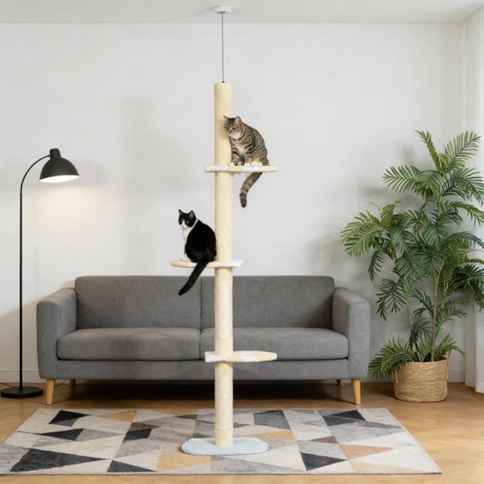Floor-to-Ceiling Cat Tree, 4-Tier, 18.5x13.5x102.3 Inches, All Breed Sizes, Climbing and Cuddling, Fabric and Particle Board, Floor Mount