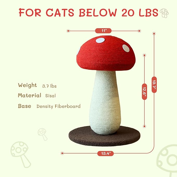 Cat Scratching Post Full Sisal Wrap Cat Tree Cute Mushroom Cat Tower Scratcher for Indoor Cats 19.7Inch