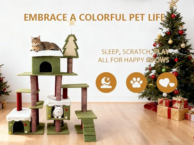 Christmas Cat Tree Tower for Indoor Cats, Holiday Themed Cat Furniture with Cozy Hideaways & Sisal Scratching Posts, Multi-Level Playground for Climbing and Napping (75''-AA)