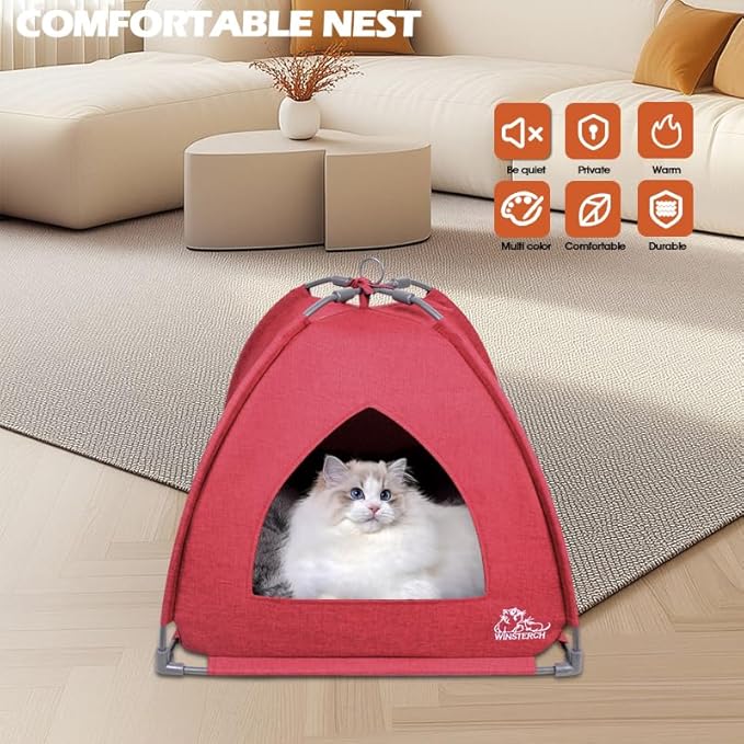 Winsterch Cat Bed Cave for Indoor Cats, Small Pet Tent Cave for Cats, Kittens, and Small Dogs, Warming Cat House with Removable Washable Cushion (18.5'‘ x 18.5’' x 15.8'',Red)