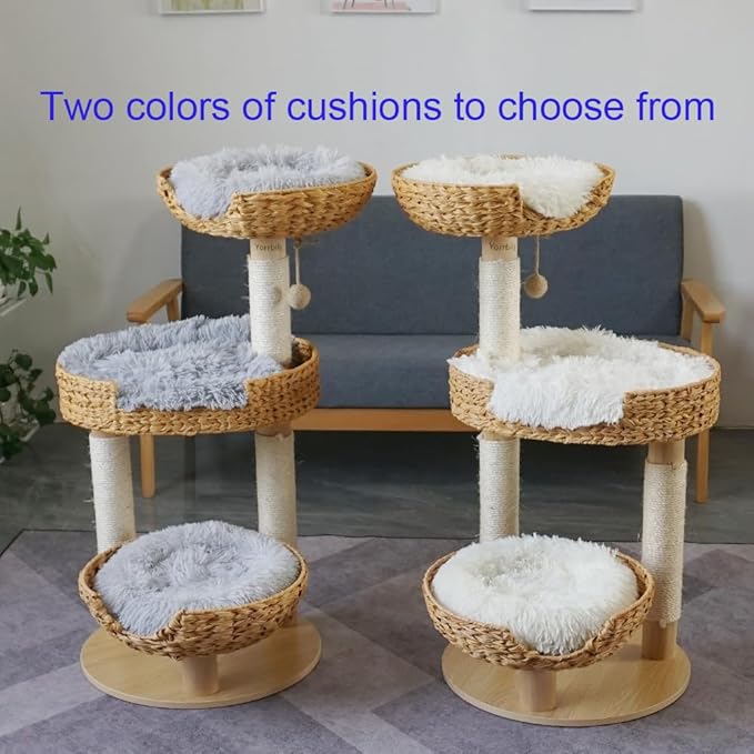 Cat Tree 39 Inches Cat Tower with Sisal Covered Scratching Real Wood Post, Handwoven PE Rattan 3 Baskets perches with Cozy Cushion, Cat Climbing, Cat Scratching Post (White Cushion)