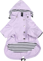 Morezi Dog Zip Up Raincoat with Reflective Buttons, Rain/Water Resistant, Adjustable Drawstring, Removable Hood, Raincoats with Legs 8lbs to 80lbs Available - Purple - XS