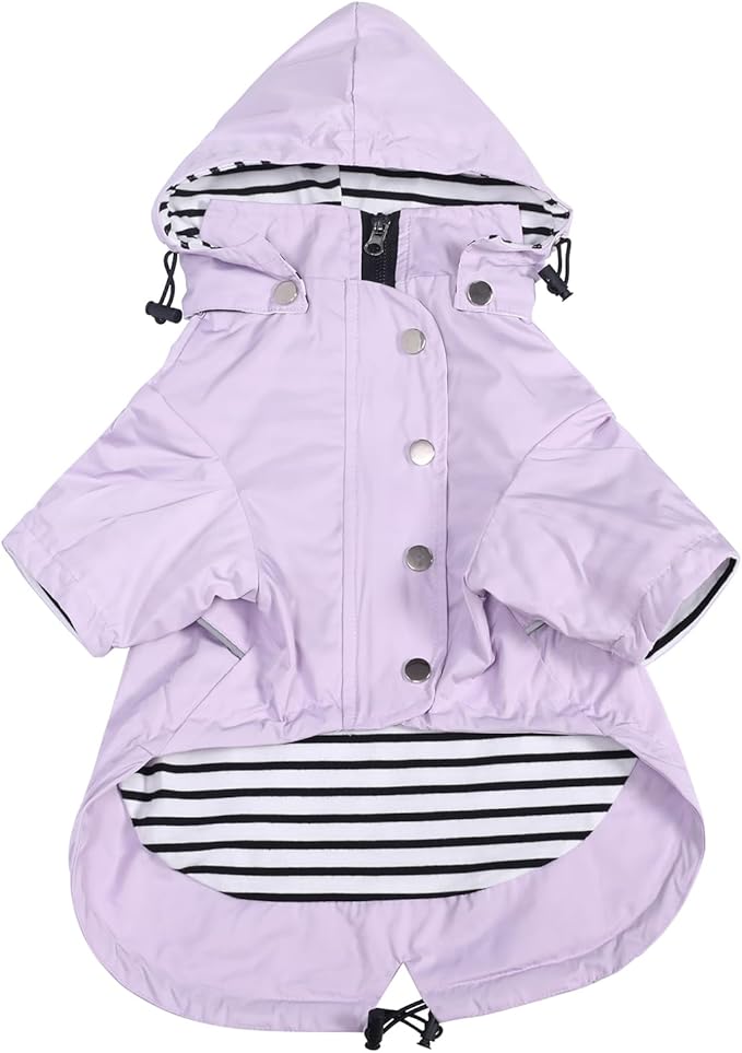Morezi Dog Zip Up Raincoat with Reflective Buttons, Rain/Water Resistant, Adjustable Drawstring, Removable Hood, Raincoats with Legs 8lbs to 80lbs Available - Purple - S