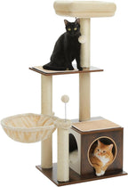 Modern Cat Tree for Indoor Cats, Small Cat Tower with Cat Condo, Scratching Posts, Top Perch and Metal Frame Hammock, Wooden Play House with Anti-Slip Mat, Brown