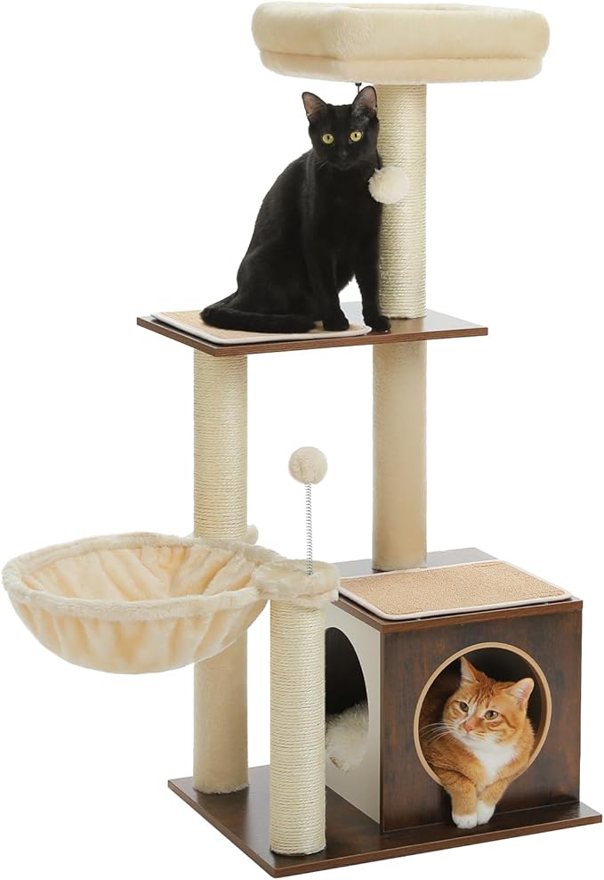 Modern Cat Tree for Indoor Cats, Small Cat Tower with Cat Condo, Scratching Posts, Top Perch and Metal Frame Hammock, Wooden Play House with Anti-Slip Mat, Brown