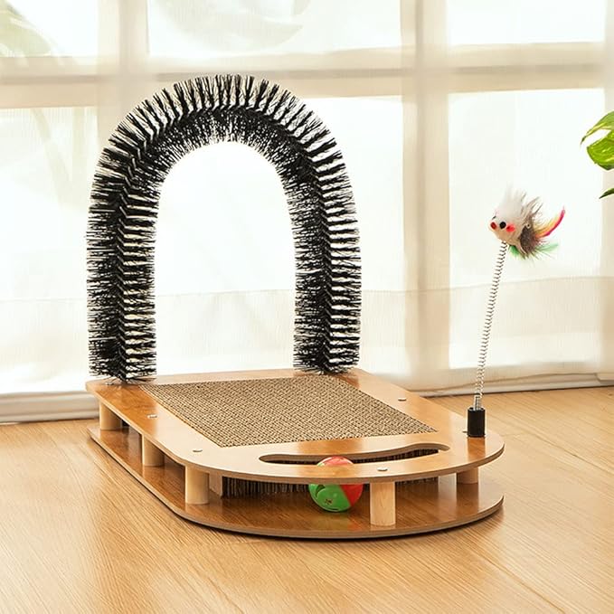 Cat Scratching Board with Cat Arch Self Groomer and Kitty Ball Toys, Cat Scratcher Cardboard for Indoor Cats, Eco-Friendly Wood, Durable, Stable and Non-Slip, Kitten Scratcher Pad (U-Shaped)