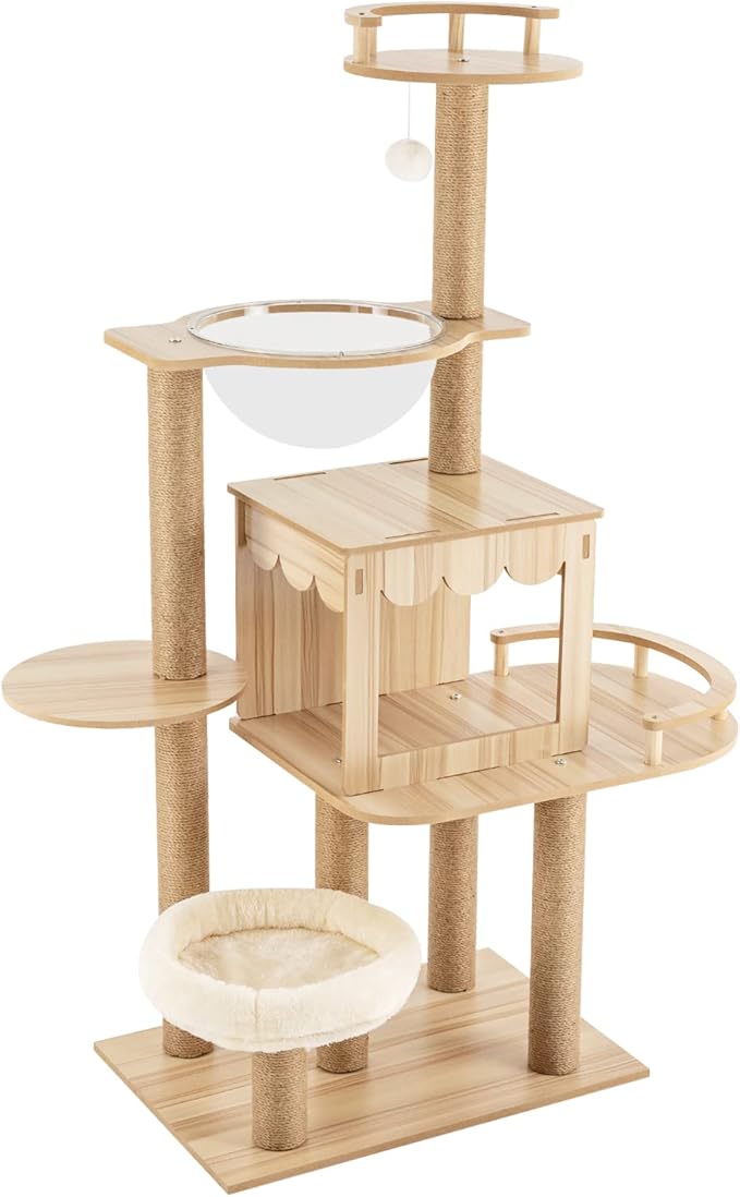 60in Cat Tree Tower for Indoor Cats,Modern Cat Tree Luxury Cat Tower Condo for Indoor Cats Large Adult with Scratching Post, House, Pompoms (Wood)
