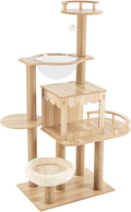 60in Cat Tree Tower for Indoor Cats,Modern Cat Tree Luxury Cat Tower Condo for Indoor Cats Large Adult with Scratching Post, House, Pompoms (Wood)
