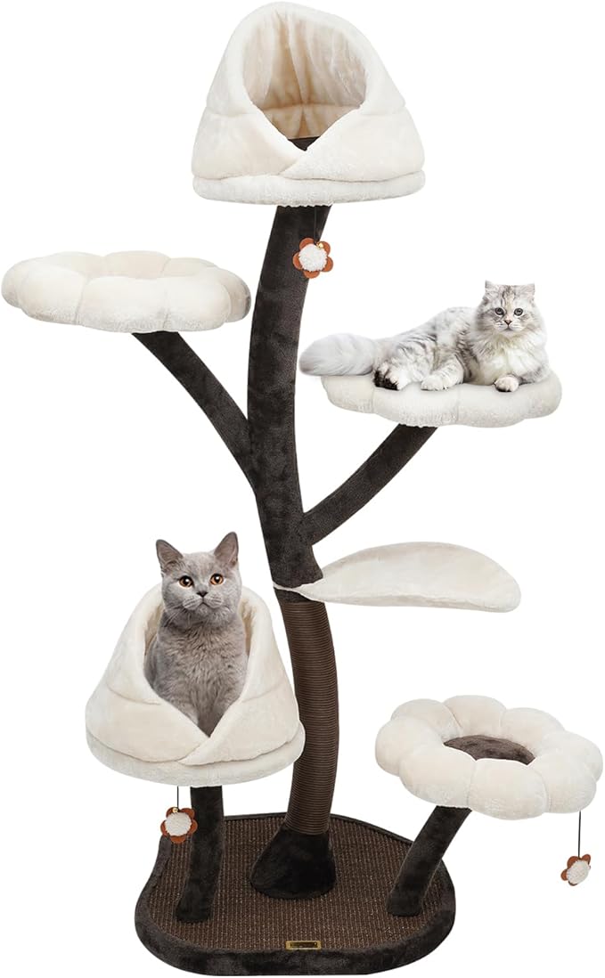 Cat Climbing Frame, Detachable Cat Tower for Indoor Cat Climbing Structure Multi-Level Tower 6 Tiers Large Cat Tree with Leaf-Shape Hammock for Weighing 22 Pounds (Brown+White)