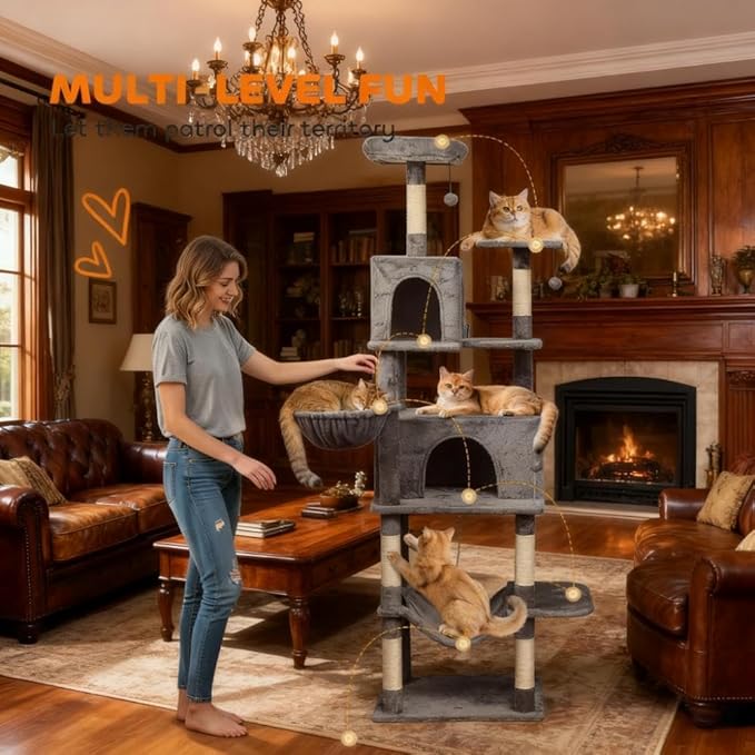 Larget Cat Tree, 80'' Multi-Level Cat Tower with Cat Scratching Posts, Double Cat Condo, Perched Platforms and Dangling Balls, Cat Activity Center for Kittens Pet(79.5 inch)