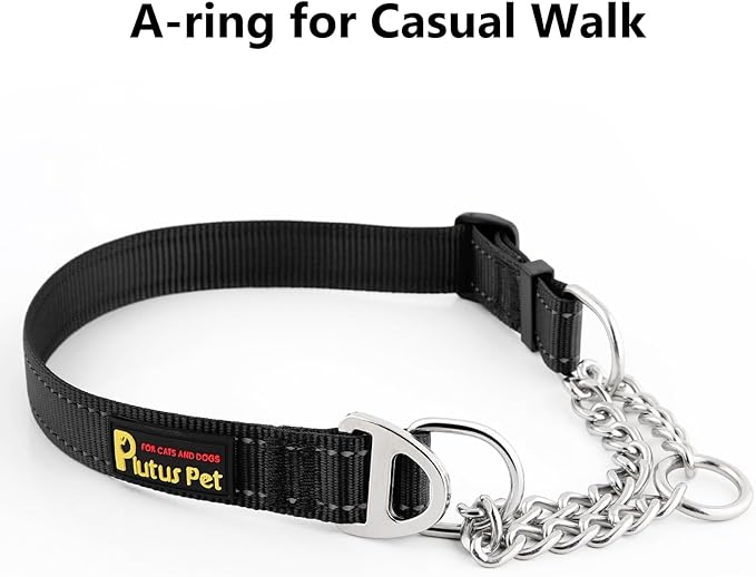 Plutus Pet Martingale Dog Collar with Stainless Steel Chain and Reflective Nylon, Adjustable No Pull Training Collar, for Small Medium, and Large Dogs, Black, L