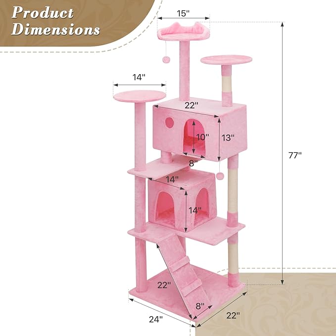 Athena Collection Modern Cat Tree Tower, 77 Inch Tall Cat Tree Climbing Tower with Scratching Post 2 Condo Multi-Level Activity Center and Playing Ball for Indoor Large Adult, Pink
