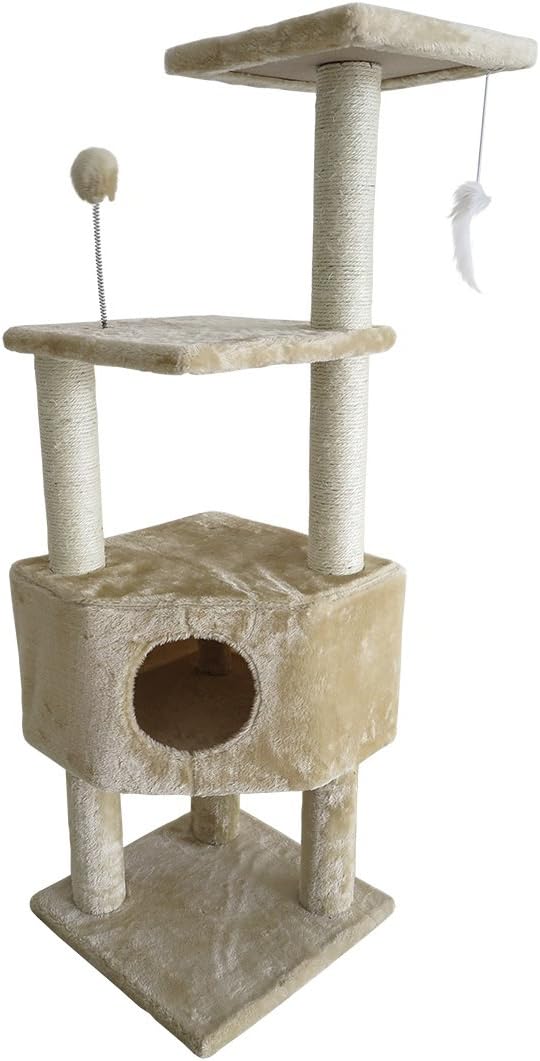 Furhaven Tiger Tough Cat Tree Soft Clubhouse Playground w/ Toys & Condo - Cream, One Size