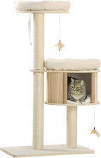 3-Level Cat Tree with Sisal Scratching Posts, Fun Cat Badminton Toy for Playing, Soft Cushions, & Play Areas