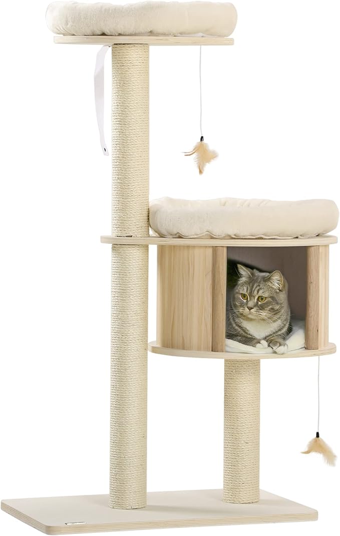 3-Level Cat Tree with Sisal Scratching Posts, Fun Cat Badminton Toy for Playing, Soft Cushions, & Play Areas