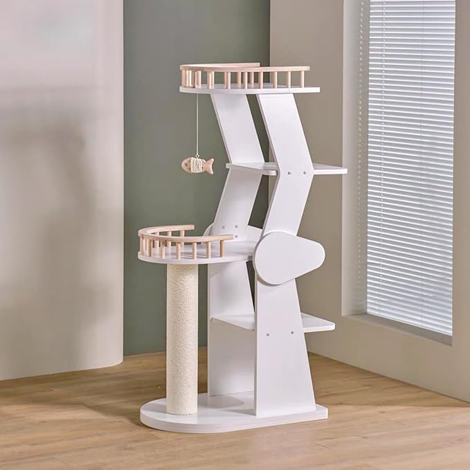 SHENGOCASE Modern Wooden Cat Tree Tower, 54.3 Inches Tall, 5-Level Perch Platform with Scratching Post, White