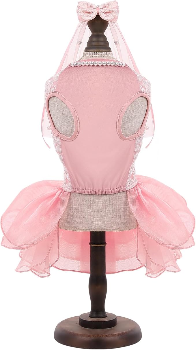 ASENKU Dog Dress, Dog Wedding Dress, Pet Lace Princess Dress with Bows for Wedding Birthday Party, Puppy Formal Apparel with Pearl Necklace for Medium Large Dogs (Pink, Large)