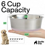 GORILLA GRIP Dog Bowls, Food Grade 304 Stainless Steel, Holds 6 Cups Each (48 fl oz) Food and Water Bowl for Feeding Dogs and Cats, Dishwasher Safe, Rust Resistant, BPA Free Rubber Base Set of 2 Pink