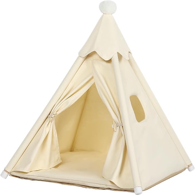 Standard Cat & Mini Dog Teepee Tent House (Int 20x20x20in/Ext 22x22x25in) for Standard Chihuahua, Shih Tzu, Tiny Pomeranian, Tiny Bichon Frise, Mini Poodle, Cotton Canvas & Stable Frame