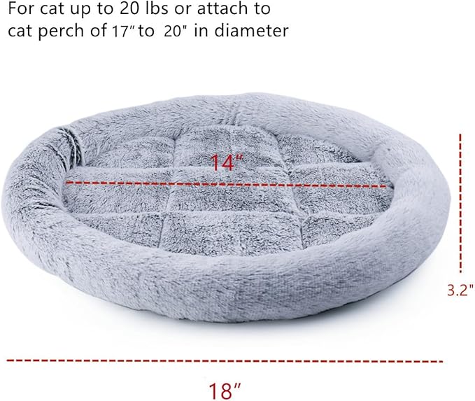 SHENGOCASE 18“ Fluffy Faux Fur Cat Tree Tower Replacement Bed Cushion Pillow with Hook Tapes, Round Donut Cuddler Cat Dog Bed for Desk Table