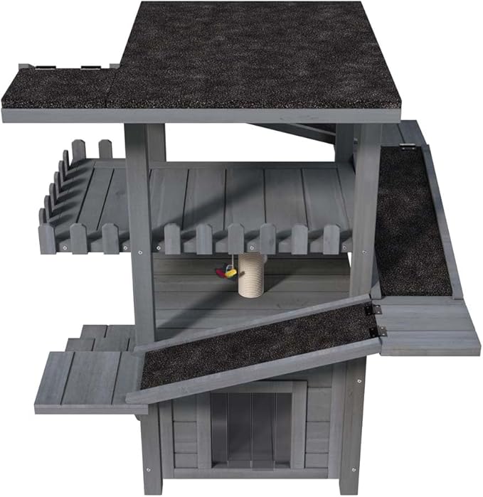 4-Tier Outdoor Cat Tree with Shelter, Wooden Cat Tower with Scratching Post, Cat Outdoor Enclosure, Weatherproof Roof, Easy Assembly, Pine (Grey)