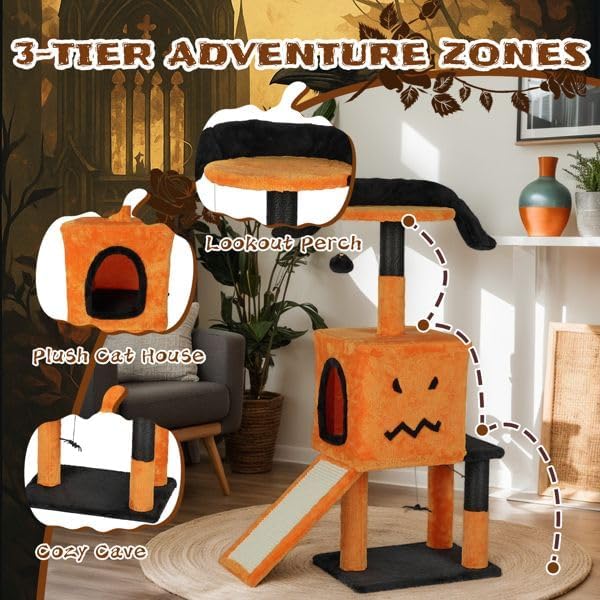 Halloween Cat Tree 39.4 Inch Cat Tower for Indoor Cats with Cat Condo, Sisal Scratching Posts, Hanging Toys - Orange & Black Multi-Level Cat Furniture with Anti-Tip Safety Design