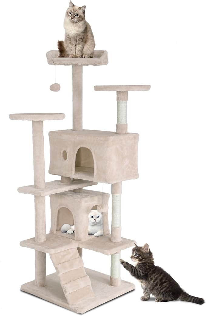Cat Tree Tower, Sisal-Covered Scratching Posts, Condo, Hammock, Dangling Ball, and Extended Platform, Big Cat House & Furniture, 54" Tall, Beige