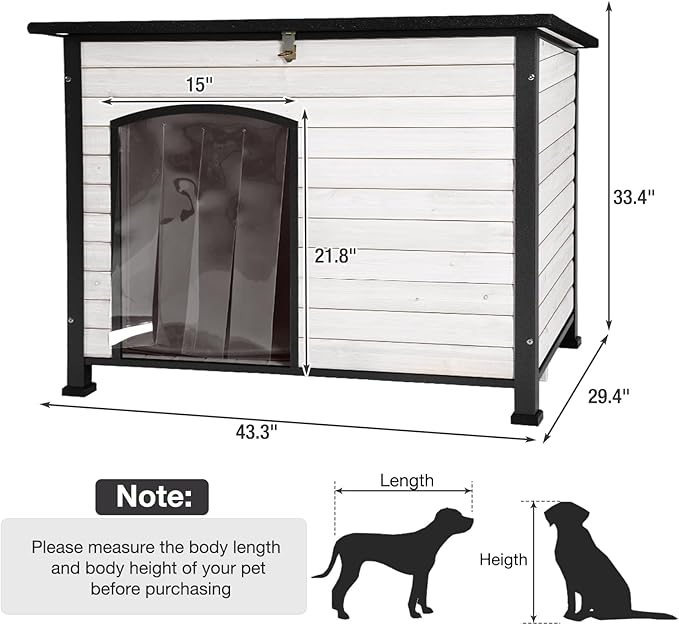 43.3’’ Large Dog House Outdoor Weatherproof Dog Kennel with Upgraded Thickened Metal Frame, Dog Shelter with PVC Curtain, Openable Roof and Removable Floor, Easy to Clean (White)