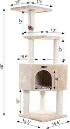Cat Tower 3 Level Real Wood Kitten Tree - Beige Condo Perch Sisal Scratching Post 48" Tall
