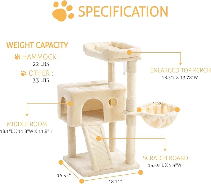 SHA CERLIN Cat Tree 36 Inches Cat Tower with Hammock, Sisal Scratching Post for Indoor Kittens, Small Room, Beige