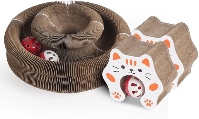 Magic Organ Cat Scratcher Board Cat Ball Adventure The Ultimate Interactive Mental Physical Exercise for Indoor Cats Toy (White and Orange, 2PCS)