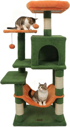 DORTALA Cat Tree for Indoor Cats, 44" Modern Cat Tower with Top Perch, Condo, Hammock, Sisal Scratching Posts, Dangling Balls, Platforms, Multi-level Pet Climbing Furniture Playground (Green & Orange)