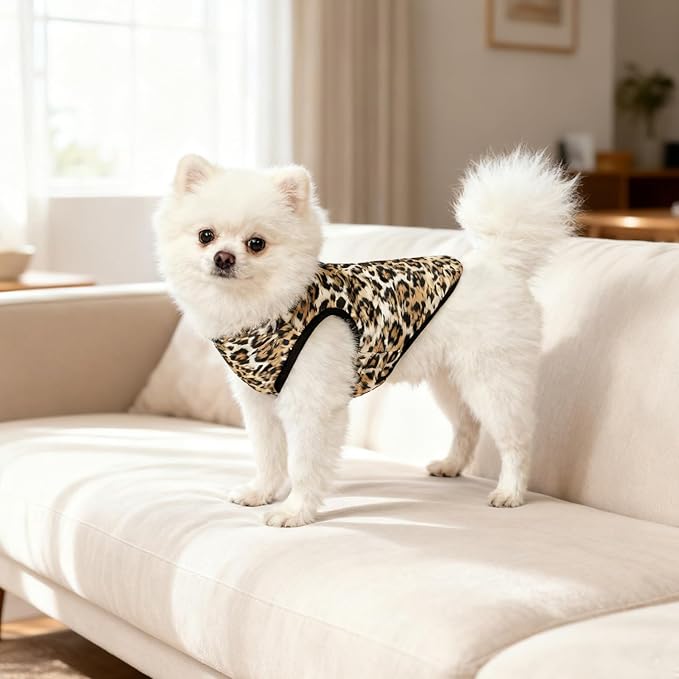 Idepet Pet Dog Cat Coat with Leash Anchor Color Patchwork Padded Puppy Vest Jacket Teddy Chihuahua Costumes Pug Cloth XS S M L(XX-Large,Leopard)