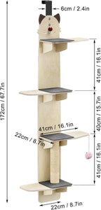 4-Tiers Vertical Cat Tree Over The Door, Door Hanging Cat Shelves, Cat Door Hanger with Scratching Post, Pads & Tease Cat Ball, Door Cat Climber for Indoor Kittens Jumping & Playing 170cm