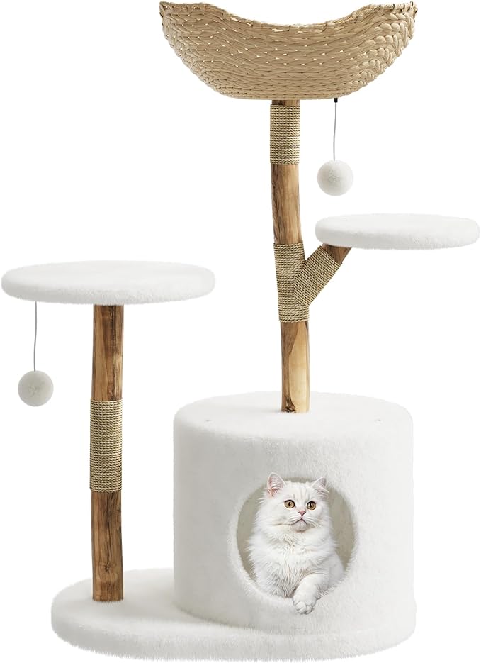Natural Modern Cat Tree Tower, 42" Tall Solid Wood Cat Condo with Cozy Baskets, Scratching Posts, Flower Platforms & Dangling Ball, Luxury Aesthetic Cat Furniture for Small & Large Indoor Cats (White)
