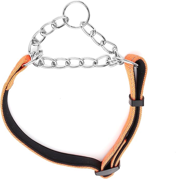 Martingale Dog Collars Adjustable Soft Nylon Reflective Collars with Stainless Steel Chain Walking Training Collars Heavy-Duty Puppy Chain Collars for Small,Medium,Large Dogs(Orange,L)