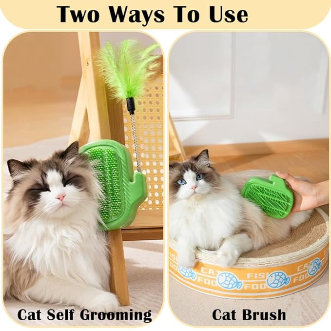 3 in 1 Cat Self Groomer Brush, Cactus Style Wall Corner Massage Comb Scratcher with Feather Toys & Catnip Ball for Indoor Cats, Pet Tickling Artifact, Cat Face Scratchers for Fur Pets