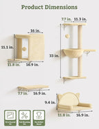 5-in-1 Cat Wall Shelves, Solid Wood & Velvet & Sisal Scratcher, 44lbs Max Load, Wall Mounted Cat Furniture for Climbers, Cat Climbing Wall System, Fits Drywall & Solid Walls - Beige
