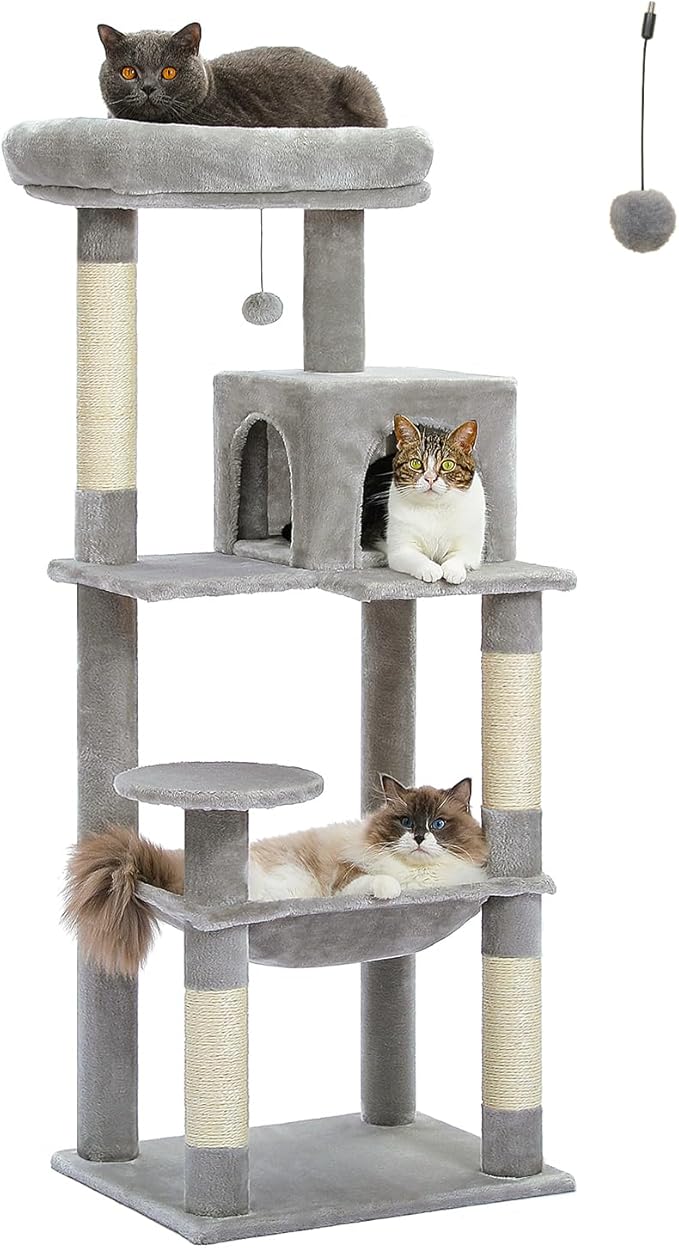 PETEPELA 56.3'' Tall Cat Tree for Indoor Cats, Multi-Level Cat Tower with Super Large Hammock (20''X16''), Sisal Covered Scratching Posts, Cozy Condo and Top Perch Grey