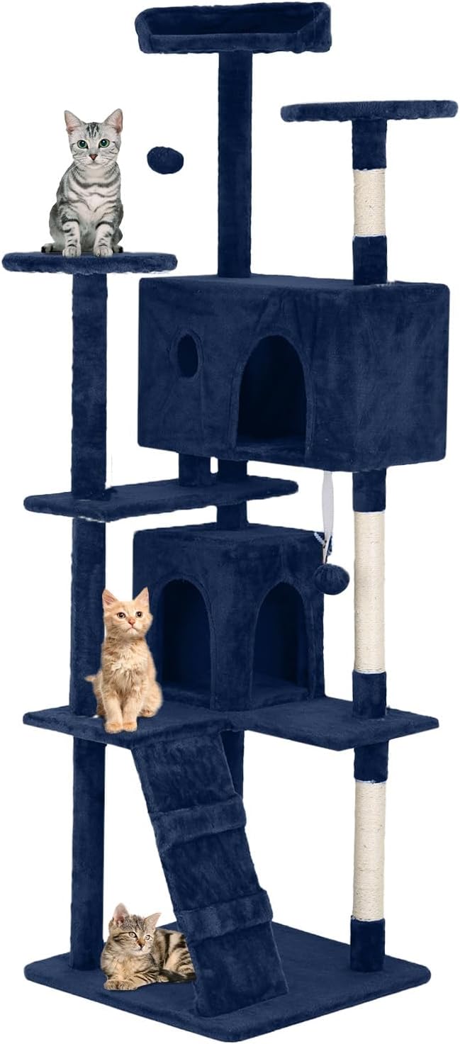 70in Cat Tree for Indoor Cats, Cat Tower with Cat Scratching Post, Multi-Level Cat Furniture, Cat Tower with Funny Toys for Kittens-Navy Blue