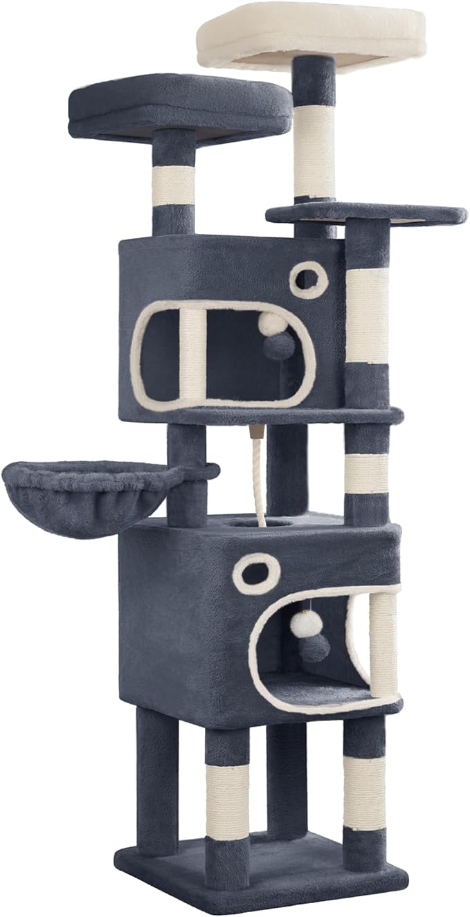 62.6" Cat Tree for Indoor Cats, Cat Tower, Multi-Level Cats Condo with 8 Scratching Posts, 3 Platforms, 2 Caves, Basket, Plush Balls, Sisal Rope, Anti-Tip Kit, Dark Grey MS15918SG