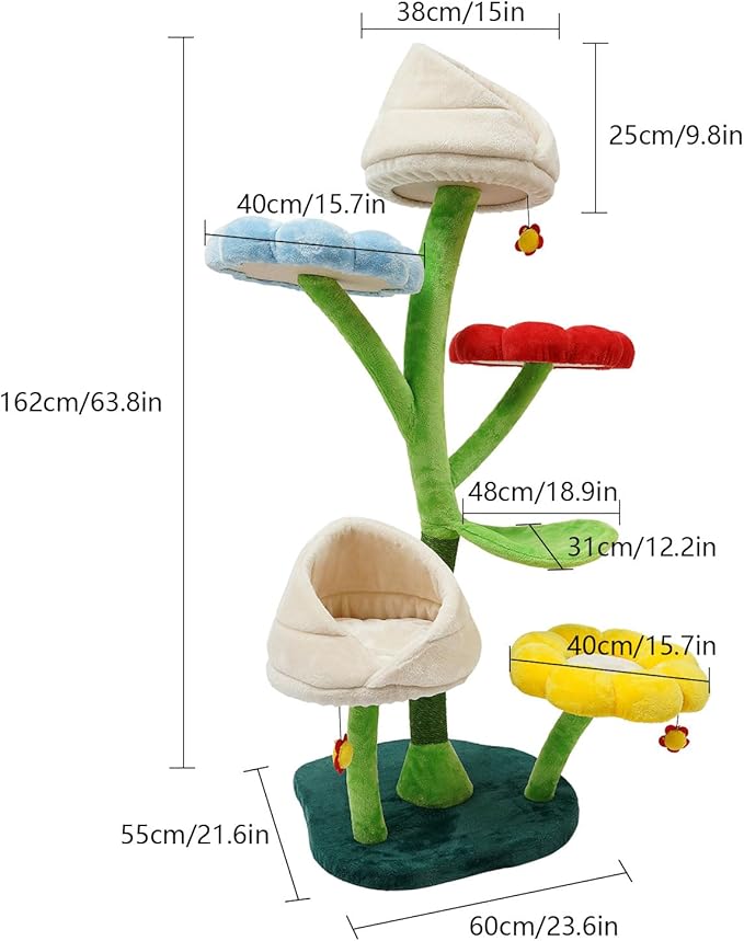 Tall 64 Inch Multi-Level Large Cat Tower - Modern Flower Tree With Resting Platforms, Scratching Posts for Large/Small Climbing, Activity Center Playground