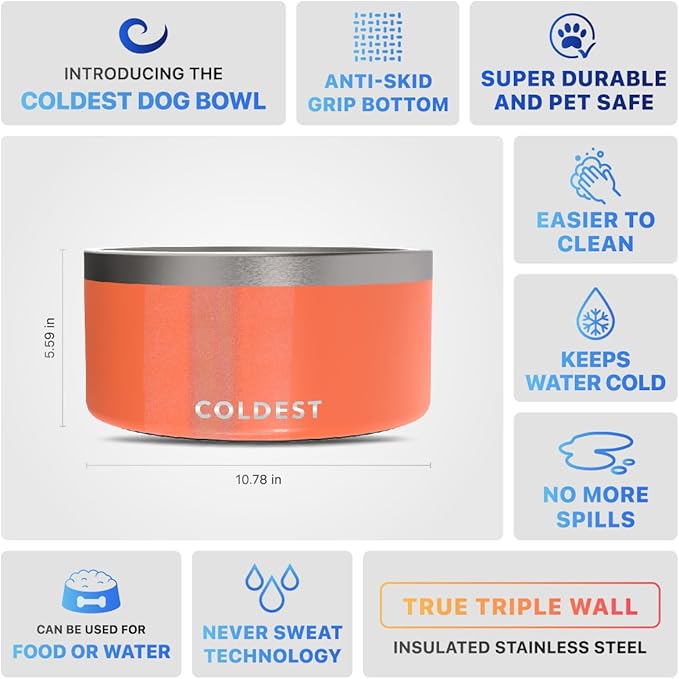 Coldest Dog Bowl - Anti Rust Metal, Non Slip, 3 Layers Insulated Stainless Steel Dog Bowls - Spill Proof & Heavy Duty - Water Bowl for Dogs, Cats & Pets, Dish Washer Safe (200 oz, Candy Red Glitter)