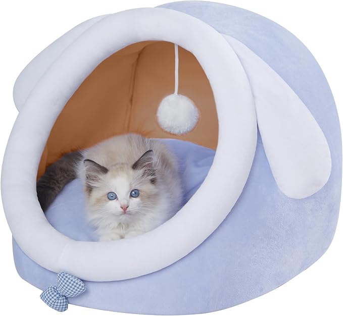 Jiupety Cute Cat Bed for Indoor Cats, Warm Soft Cave Fit for 6-10 lb Cats, Big Ear, M
