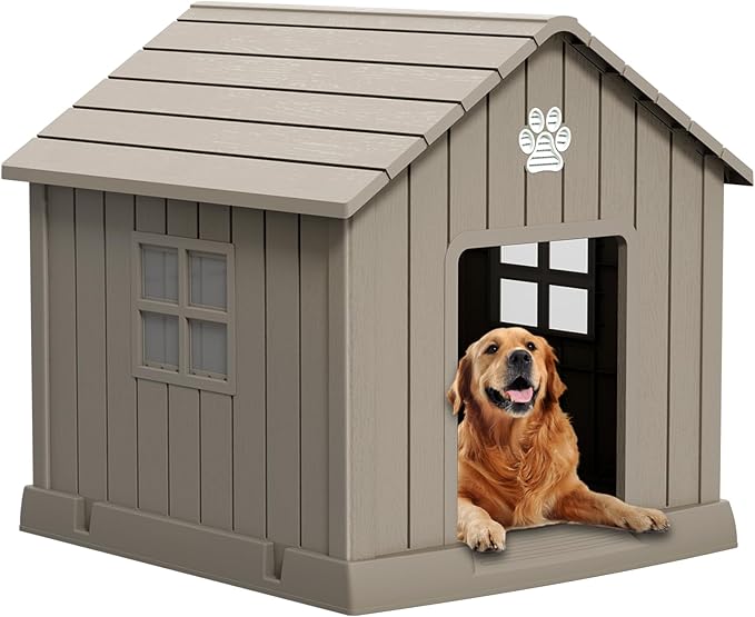 Dog House Indoor Outdoor for Small to Large Sized Dogs Resin Outdoor Dog House with Ventilation Puppy Shelter with Elevated Floor, Easy to Assemble, Blue