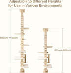 Floor-to-Ceiling Cat Tree, Multi-Level Adjustable Climbing Tower (8.2–9.8 ft) with Scratching Posts, Adjustable Jump Platforms, Interactive Ball Toy Base & Cozy Rest Areas