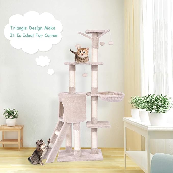 S AFSTAR 56 Inch Cat Tree Tower Condo, Multi-Level Cat Furniture Activity Center with Cat Scratching Posts, Climbing Ladder, Round House Cat Condo for Kittens Kitty Pet (Beige)