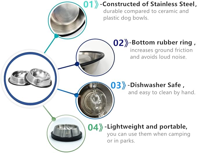 2 Pack Stainless Steel Dog Bowls with Rubber Bottom, Anti-Slip Heavy Duty Premium Quality Pets Feeder Bowls for Dogs and Cats and More (1½Cup / 10oz)